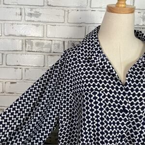 Tommy Hilfiger Navy Blue & White Geometric Print Long Sleeve Button Down Blouse